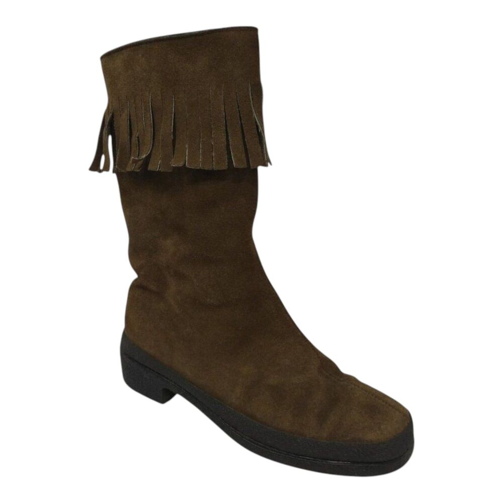 Vintage Val Brown Suede Fringe Sherpa Lined Boho Mid Calf Boots Womens 40 US 9